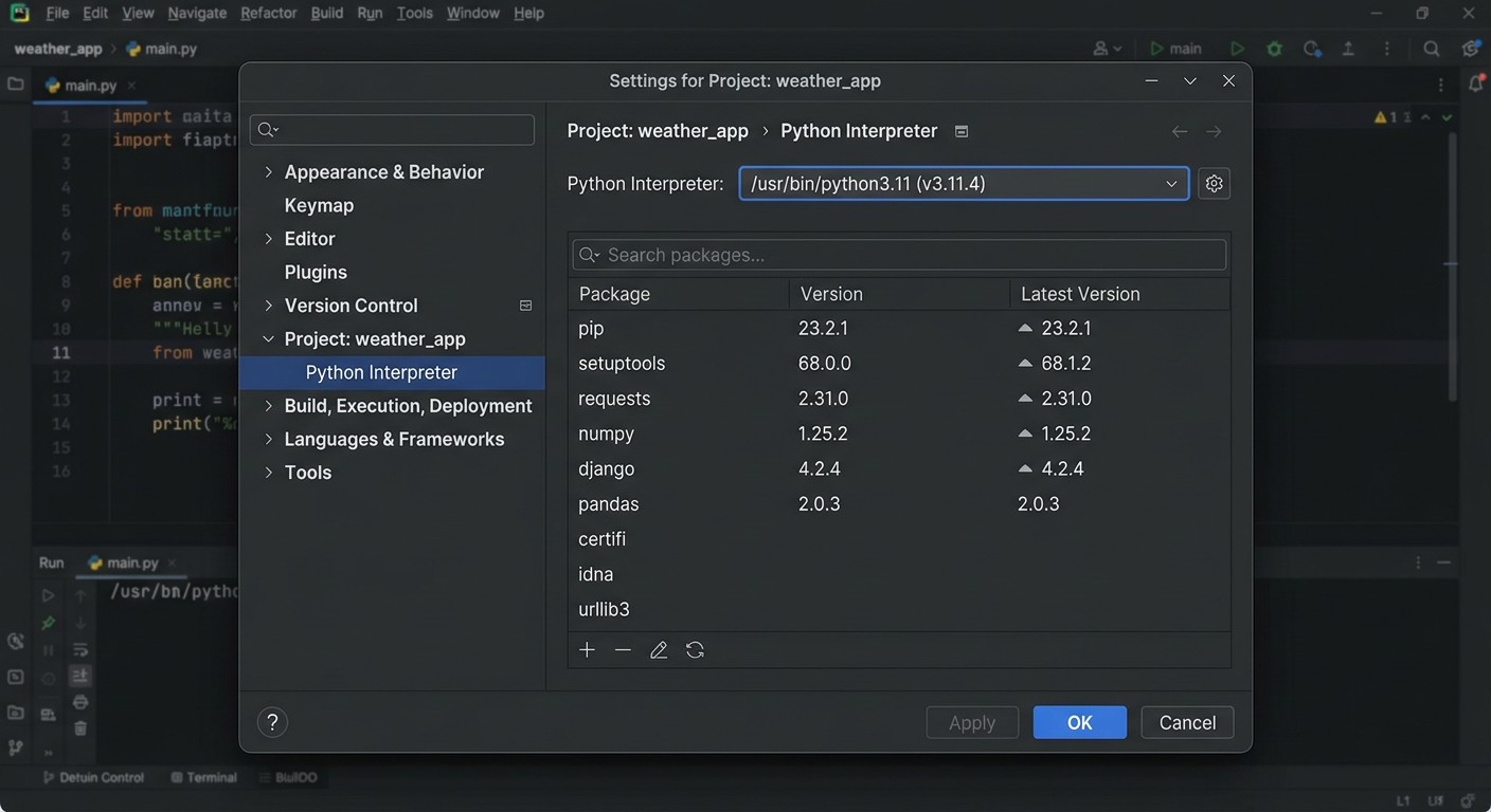 PyCharm Settings — раздел Python Interpreter в настройках проекта