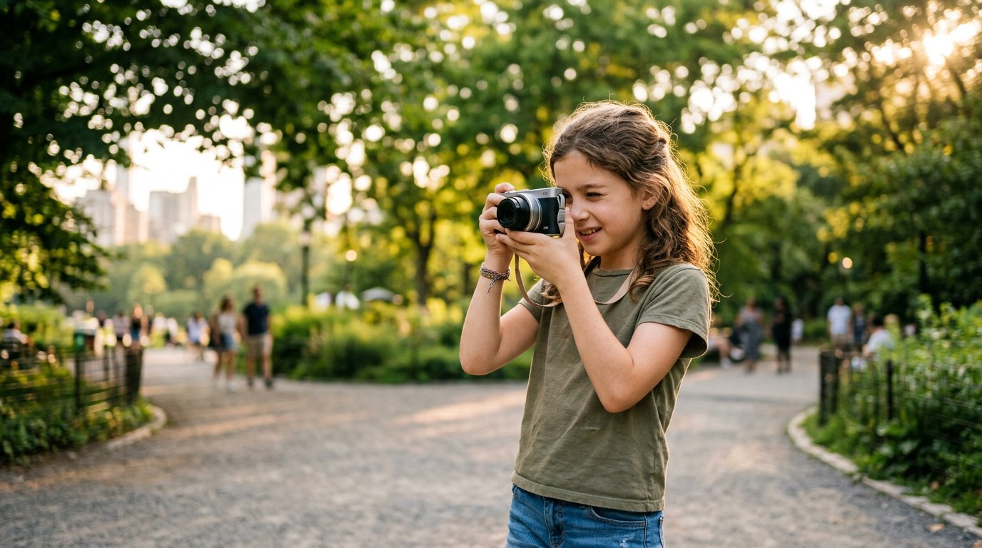 Ребёнок с фотокамерой на фотокроссе в парке во время каникул