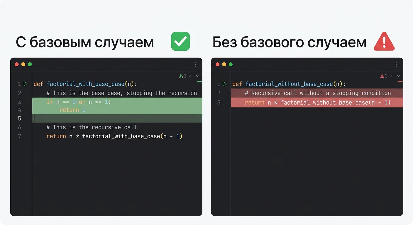Рекурсия в Python — сравнение кода с базовым случаем и без него