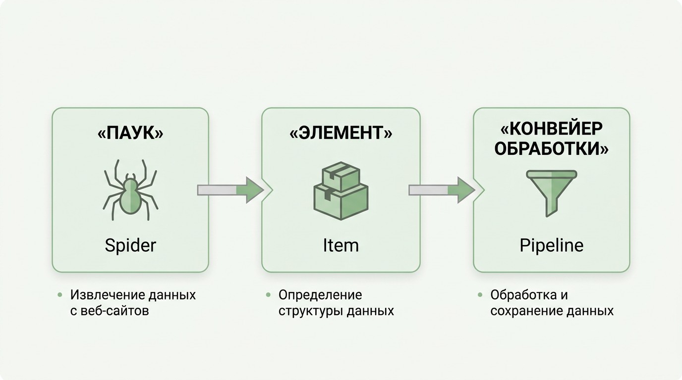 Архитектура Scrapy — схема Spider Item Pipeline для парсера