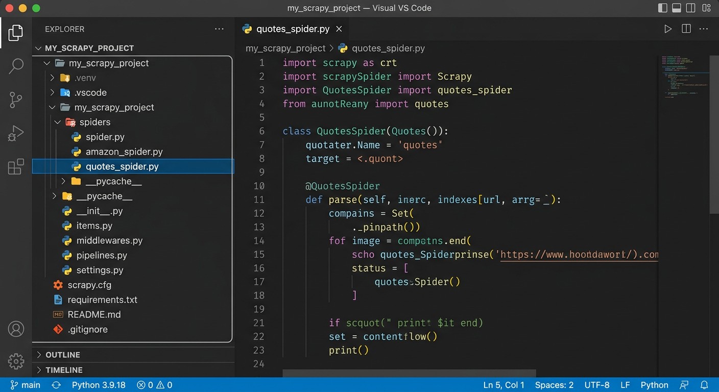 Структура проекта Scrapy в редакторе — файлы spider pipelines settings
