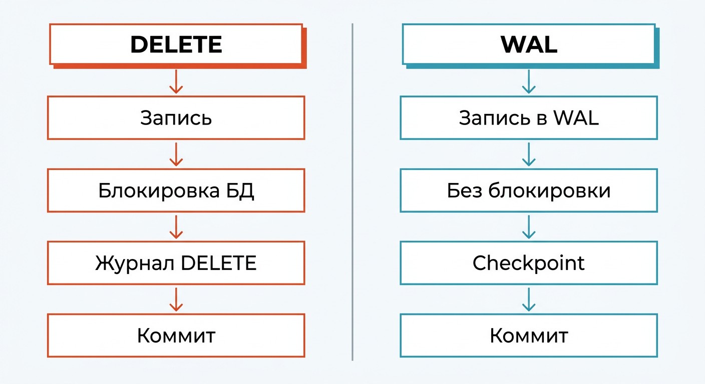 Блок-схема сравнения режимов журнала SQLite DELETE и WAL