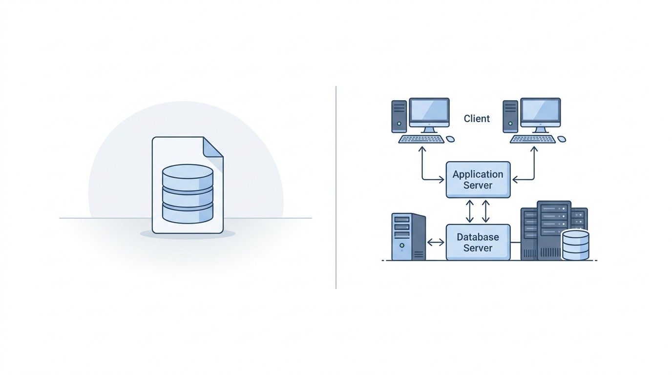 Схема сравнения SQLite один файл и клиент-серверная архитектура MySQL