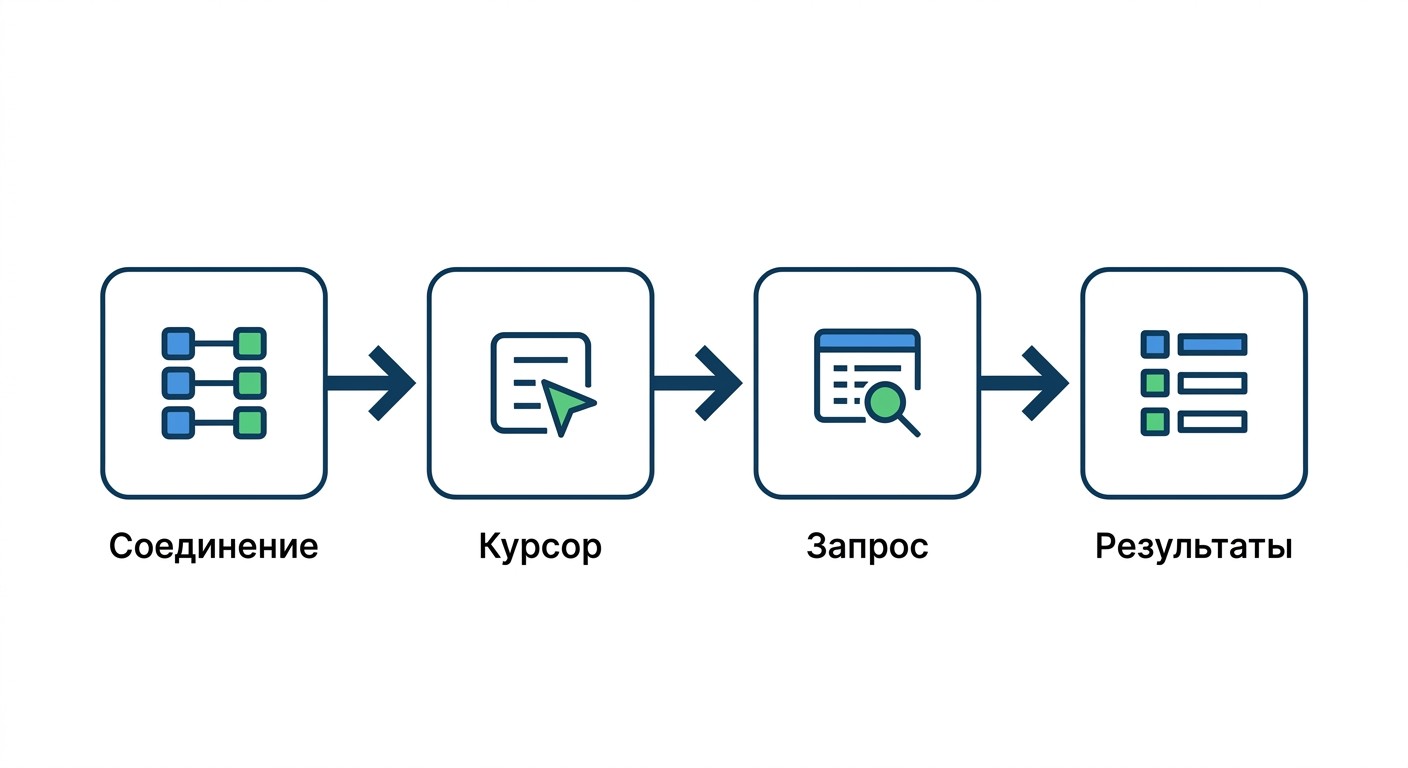 Схема работы с SQLite: соединение, курсор, запрос и получение результатов