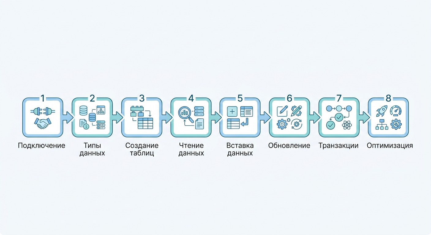 Инфографика 8 шагов работы с SQLite в Python — линейная схема