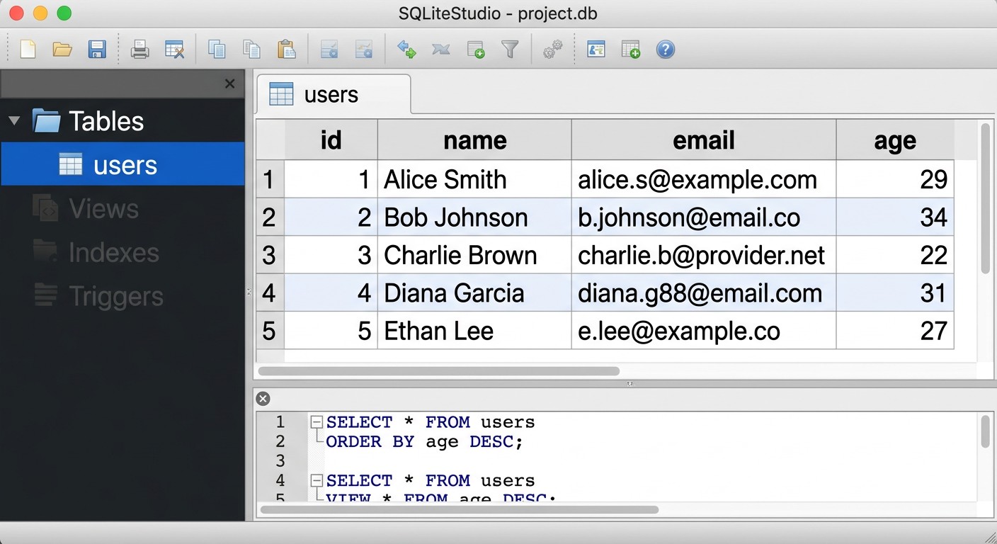 Интерфейс SQLiteStudio с открытой таблицей users и данными