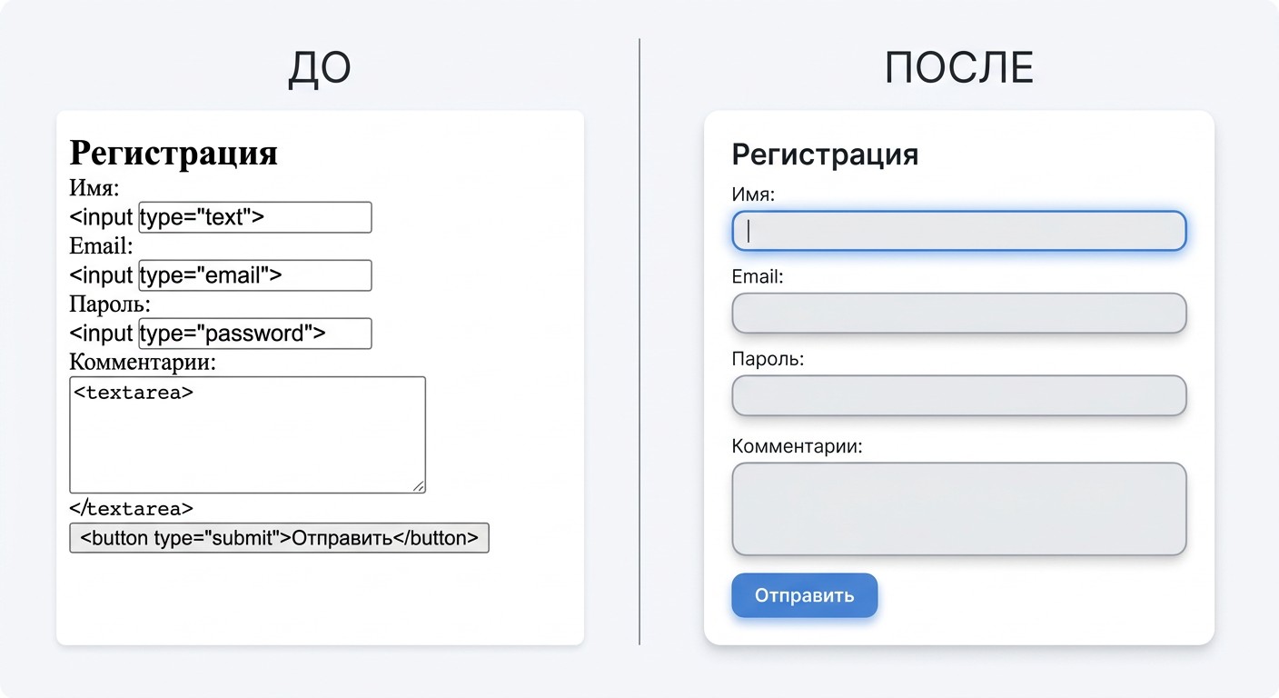 Стилизация HTML-формы через CSS: вид до и после применения стилей