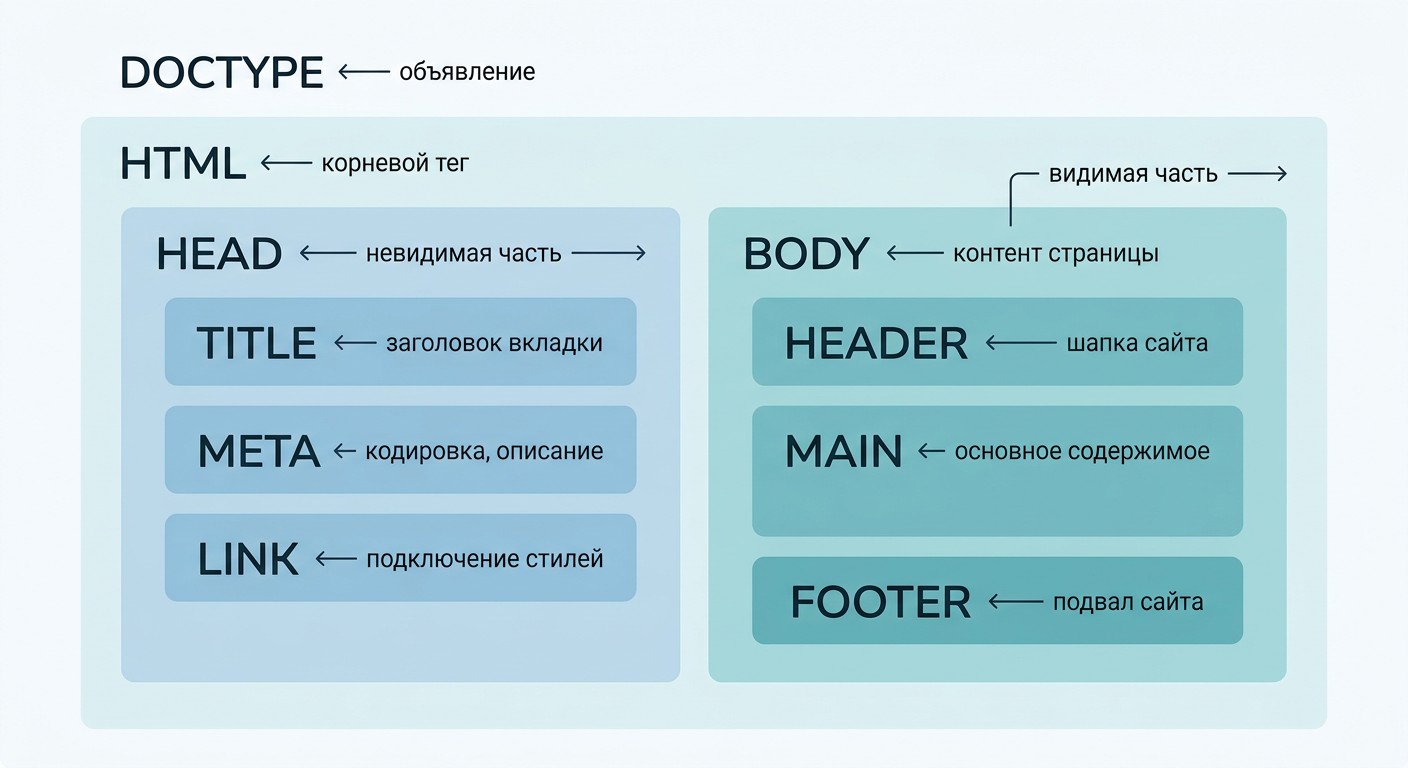 Структура HTML-документа — теги DOCTYPE, html, head и body