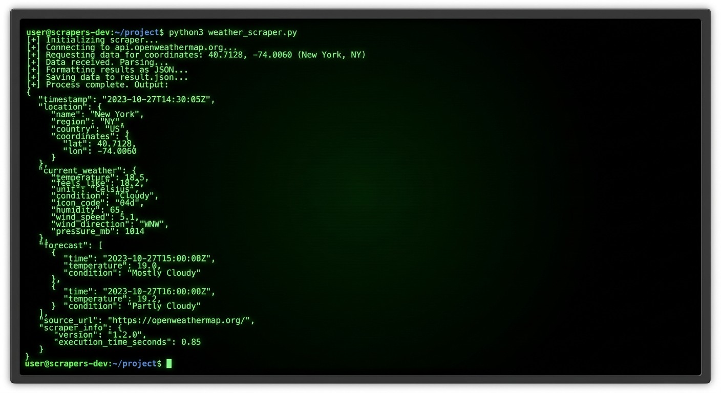 Терминал с результатом парсера Python в формате JSON