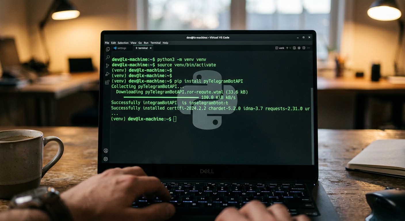 Терминал: активация venv и pip install pyTelegramBotAPI для Python-бота