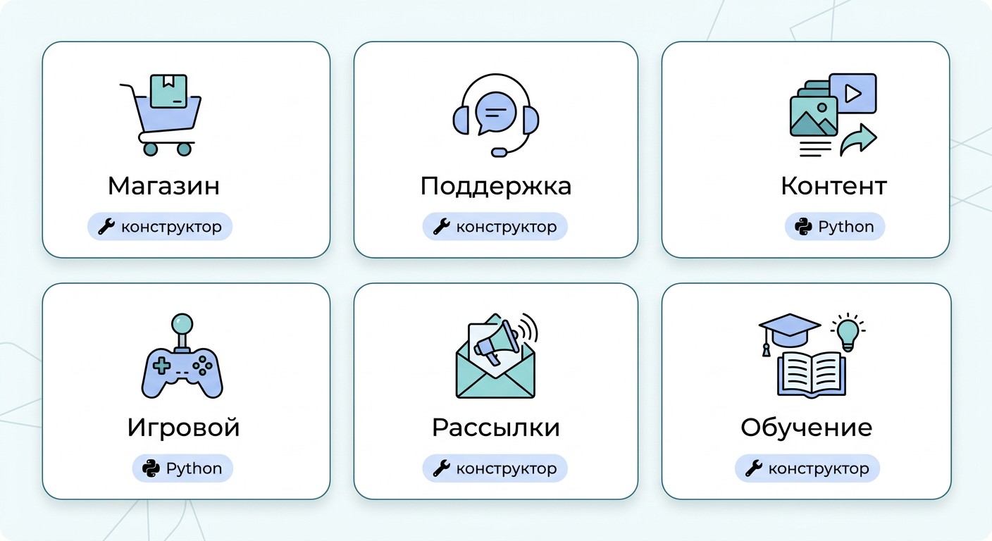 Шесть типов Telegram-ботов по задачам — инфографика с иконками