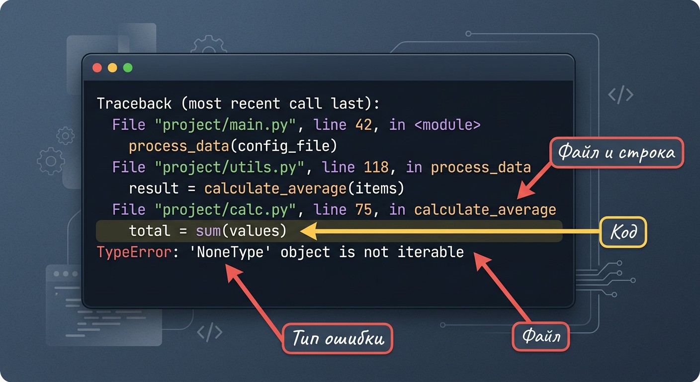 Аннотированный вывод Traceback Python с указателями на ключевые части