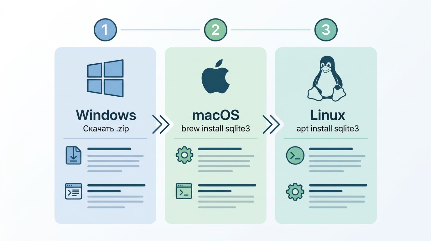 Три шага установки SQLite на Windows macOS и Linux