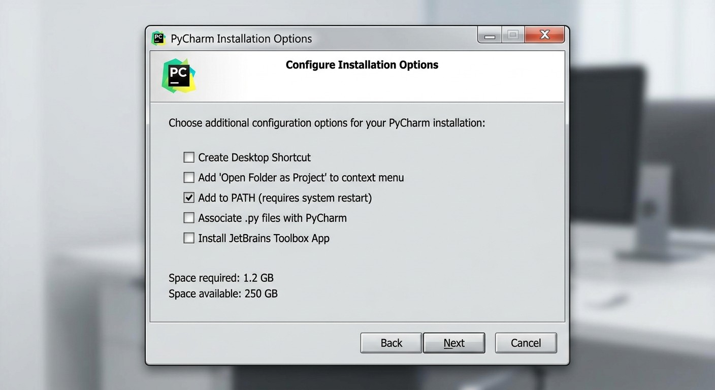 Установщик PyCharm на Windows — диалог параметров установки