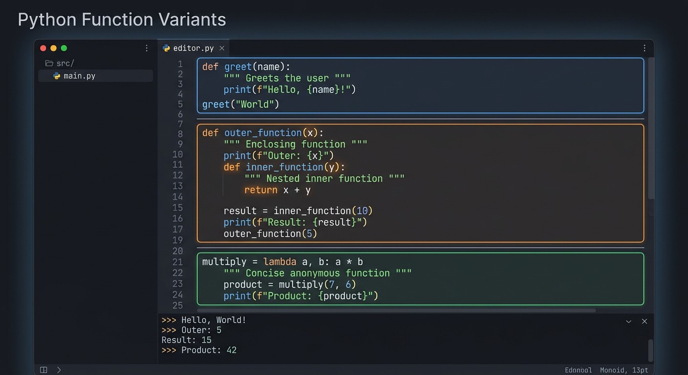 Виды функций Python — обычные, вложенные и lambda в примере кода