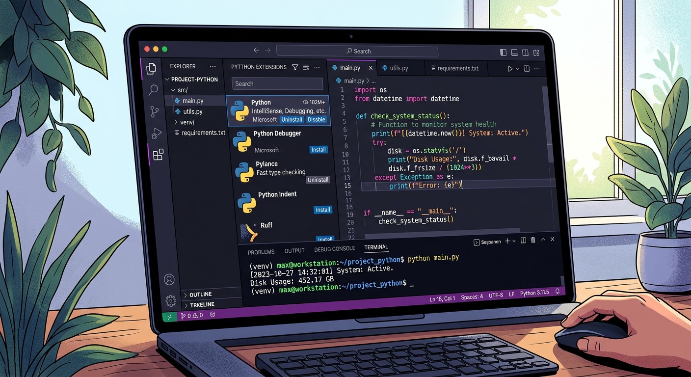 VS Code с установленными расширениями для разработки на Python