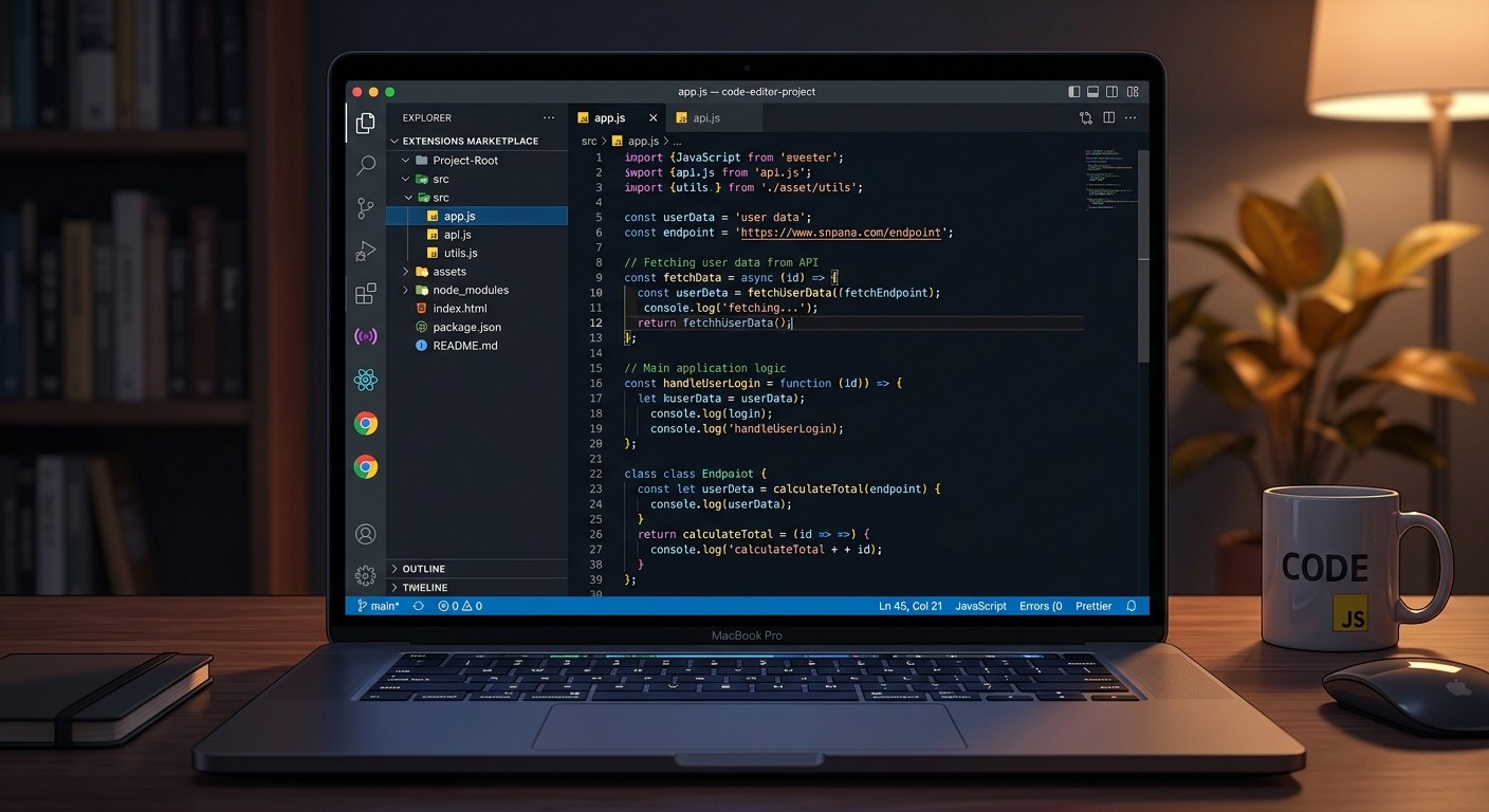 Редактор VS Code с открытым JavaScript-файлом и панелью расширений