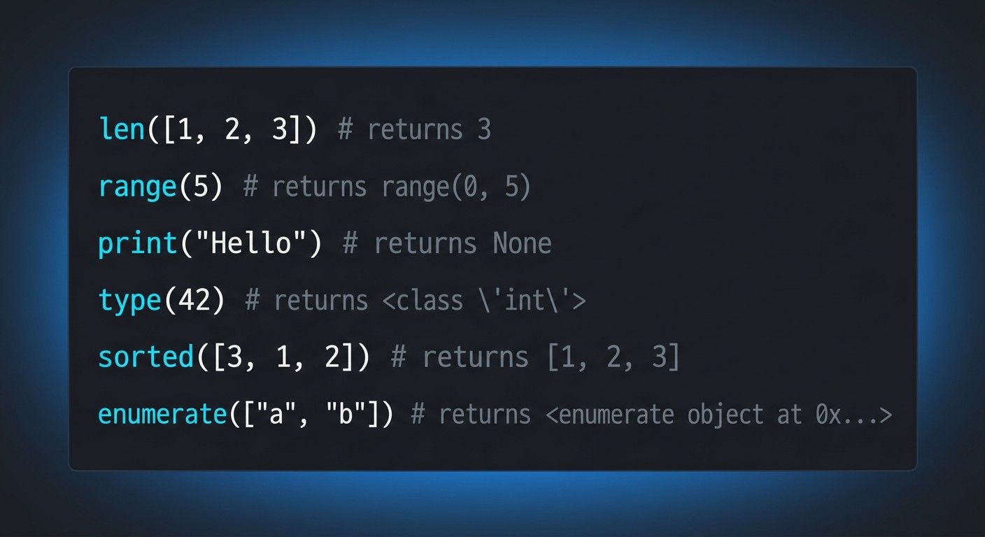 Встроенные функции Python — len, range, print и другие в редакторе кода