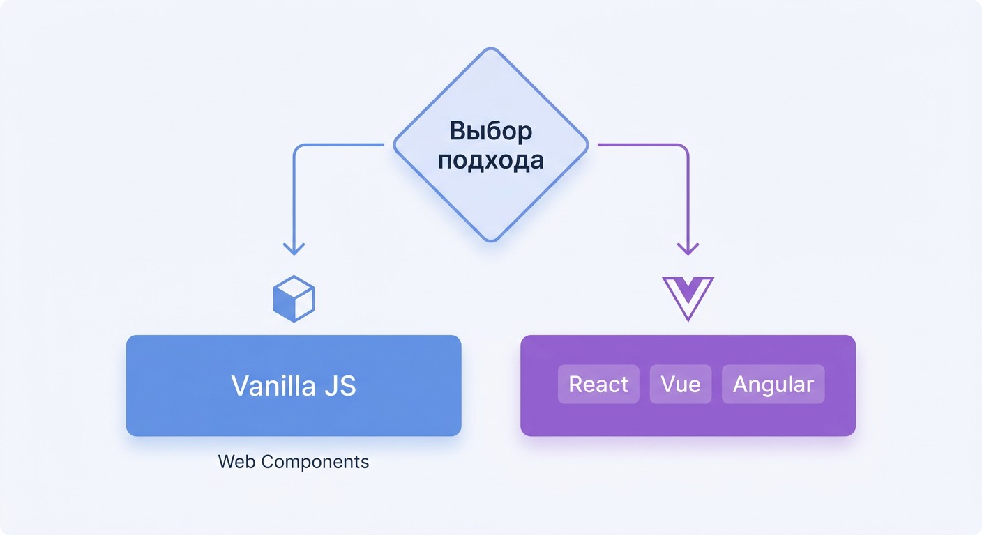 Схема выбора между Vanilla JS и фреймворками React Vue Angular