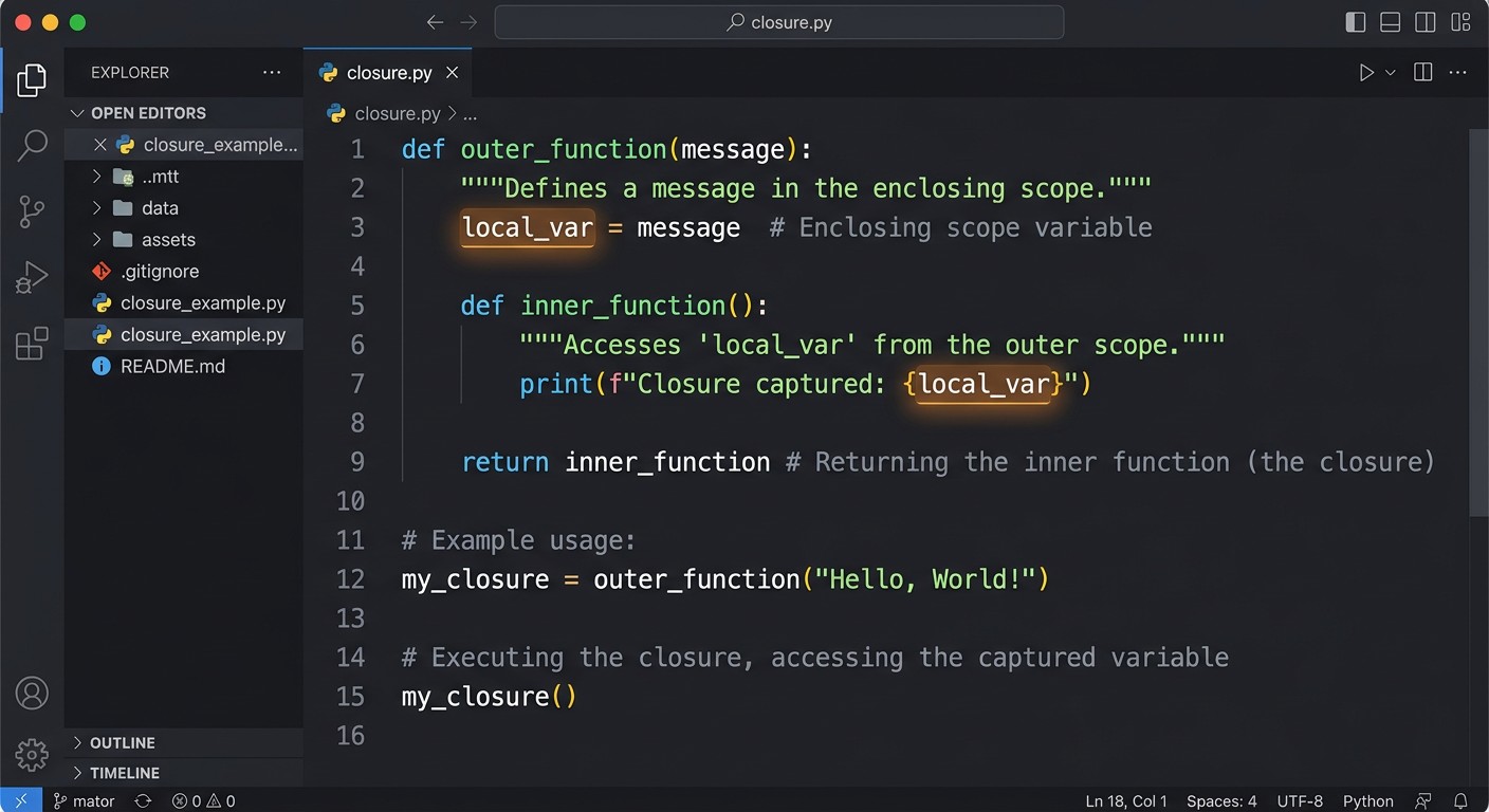 Замыкания в Python — пример кода с внешней и вложенной функцией