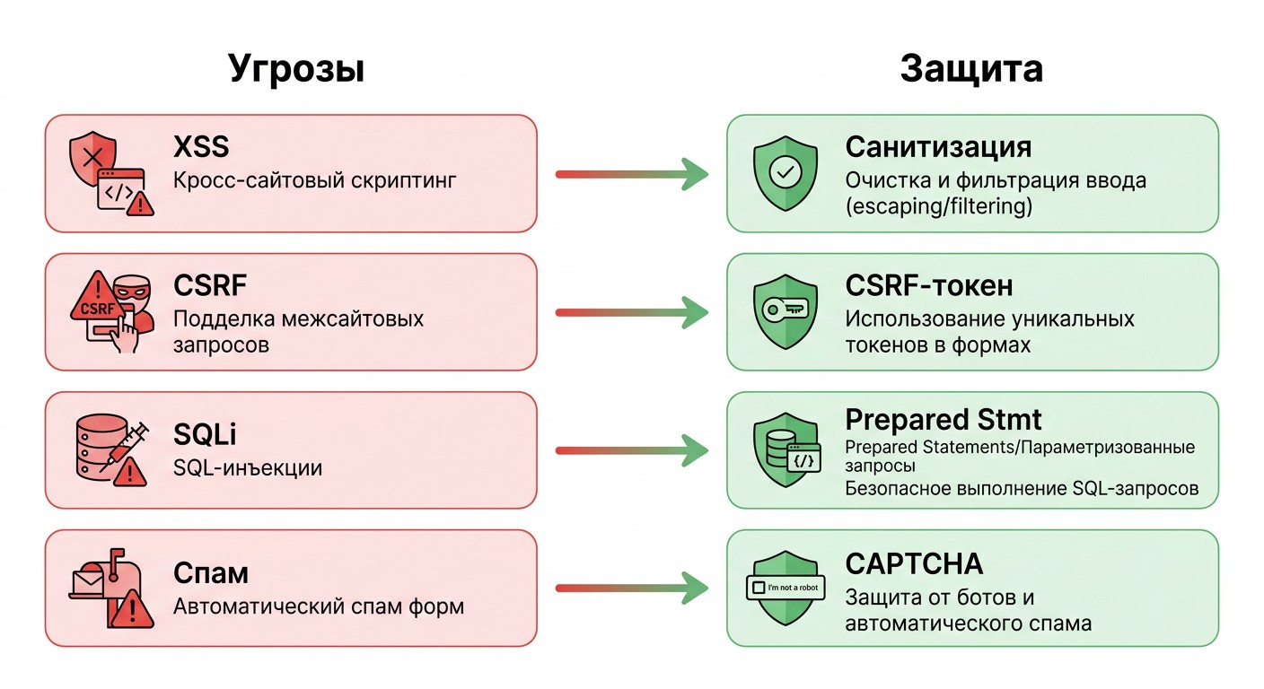 Карта угроз и методов защиты HTML-форм: XSS, CSRF, SQLi и спам